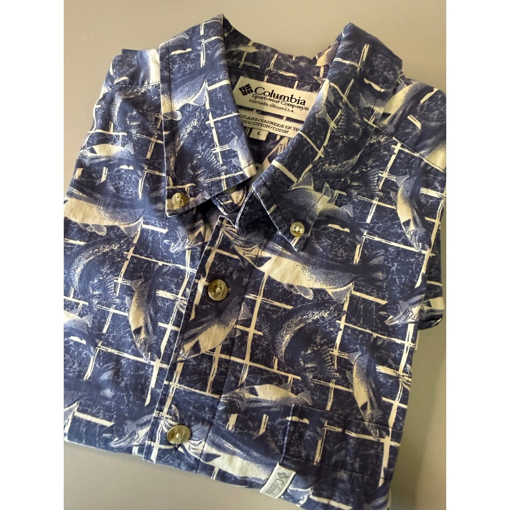 Columbia Sportswear Mens Large Blue Fish Print Cotton Button Down Shirt Fishing